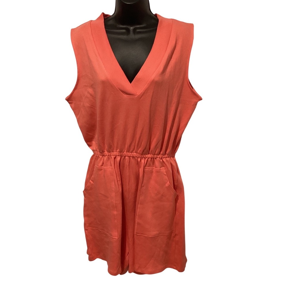 Zenana Women Deep Coral Cotton Sleeveless Romper V-Neck Elastic‎ Waist XL NEW